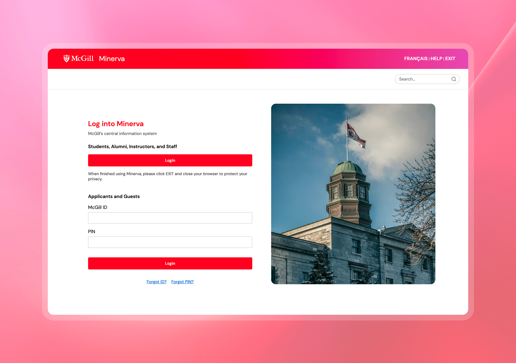 Redesigned Minerva login with McGill header, student and guest login, and campus building