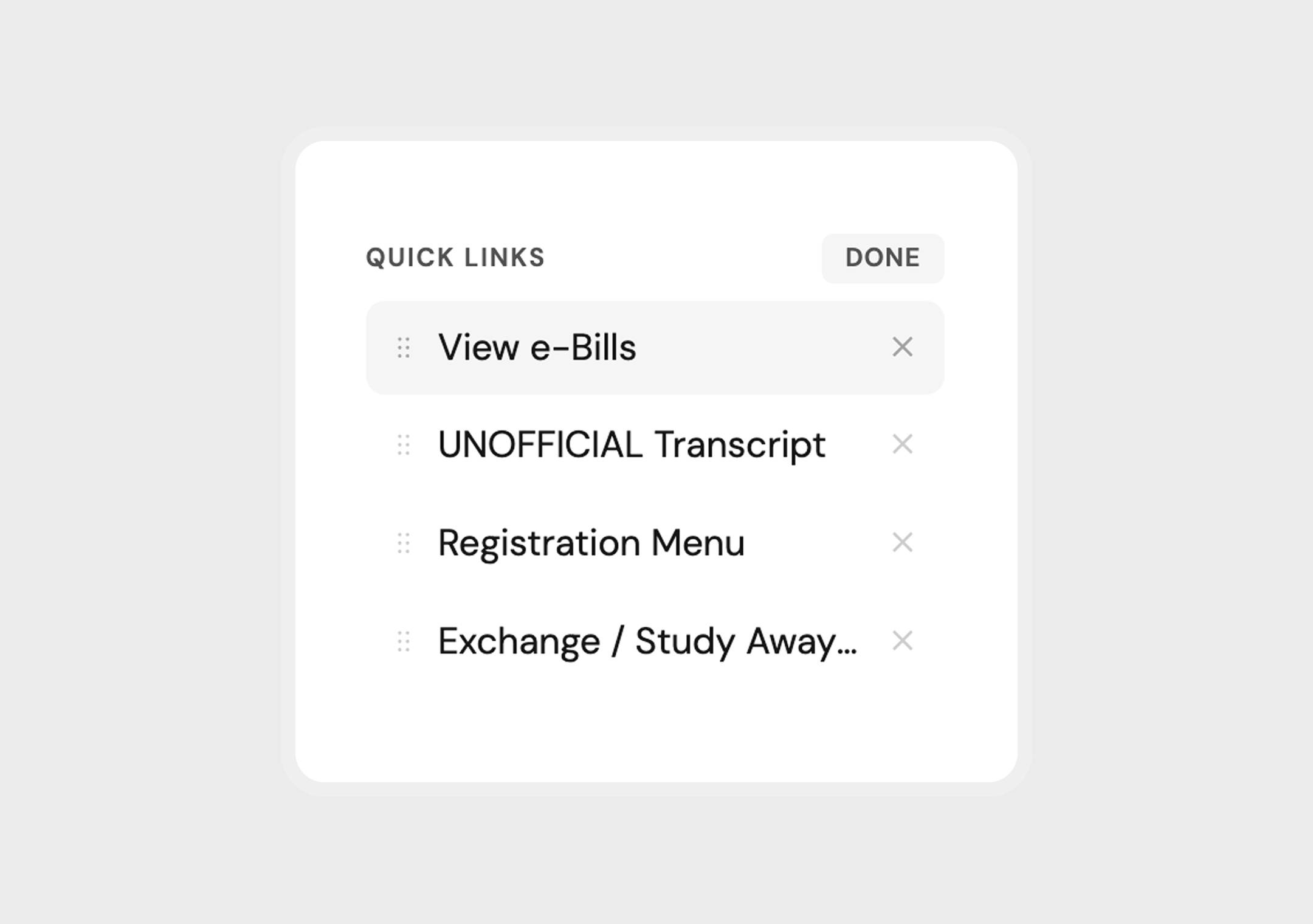 Quick Links editor with drag handles for e-Bills, transcript, registration, and study away