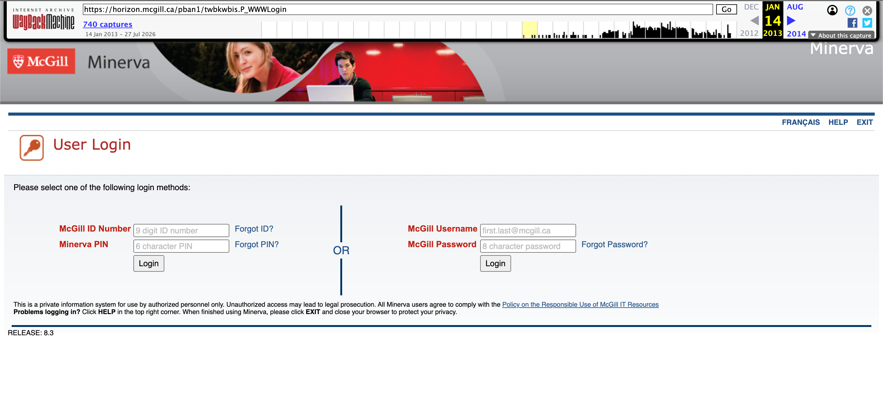Archived Minerva login page via the Wayback Machine